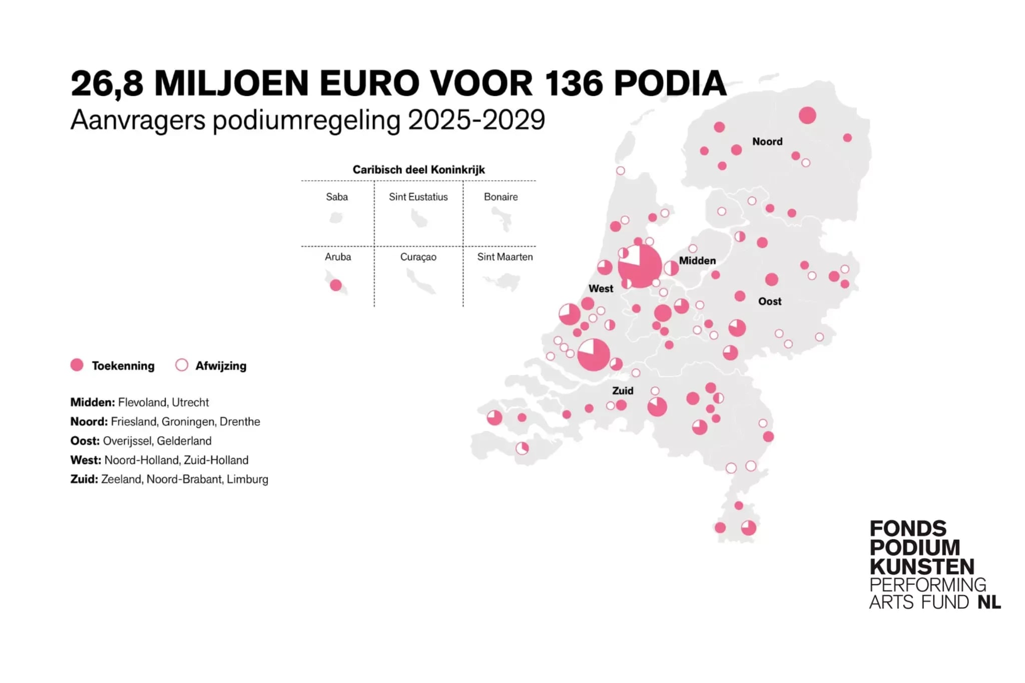 Kaart van Nederland en Caribisch deel Koninkrijk waarop spreiding van de podiumregeling is weergegeven. Beeld: © Taluut
